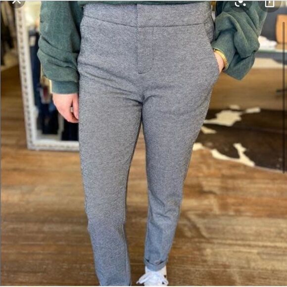 Ecru Herringbone Presidio Cuff Ankle Trouser Pant Black Gray Print - Picture 1 of 9